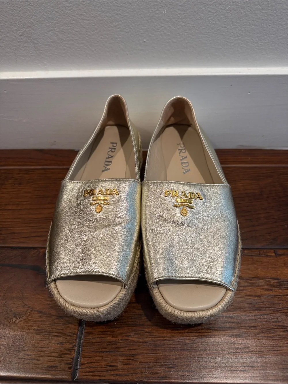 Prada Gold Leather Espadrille Platform Slides EU Size 37